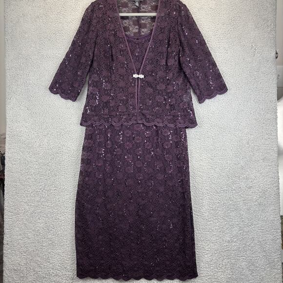 R&M Richards Dress Set 14P Purple 2 Pc Sequin MOB Wedding Cocktail Party Cruise - Picture 2 of 13